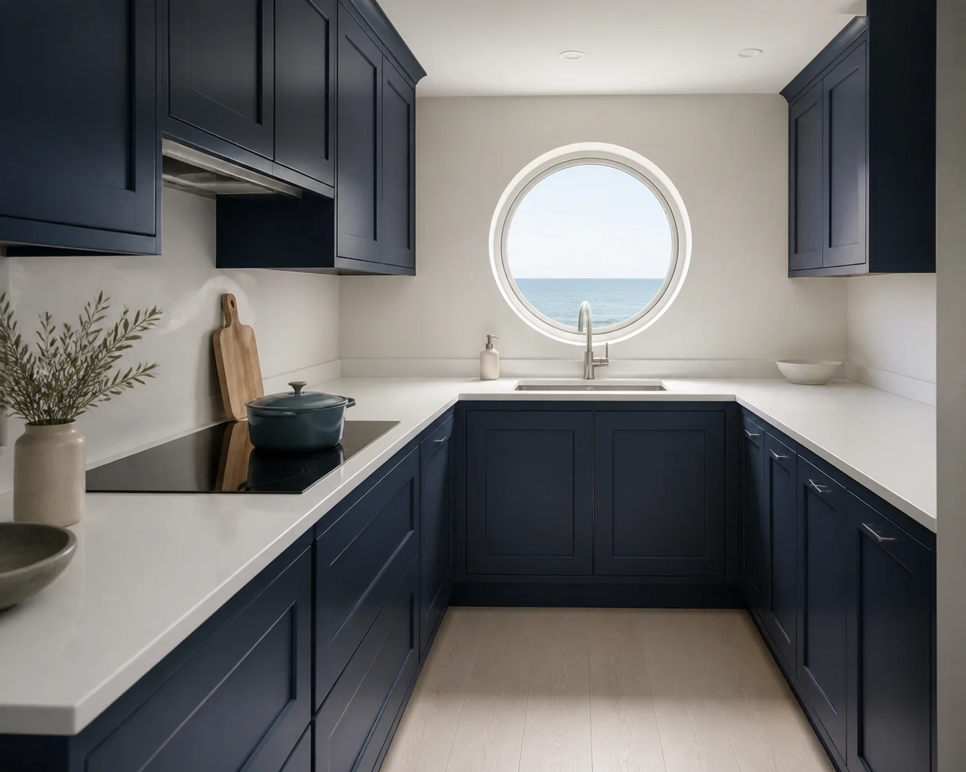 Ocean collection kitchen featuring Ivern cabinet and quartz products