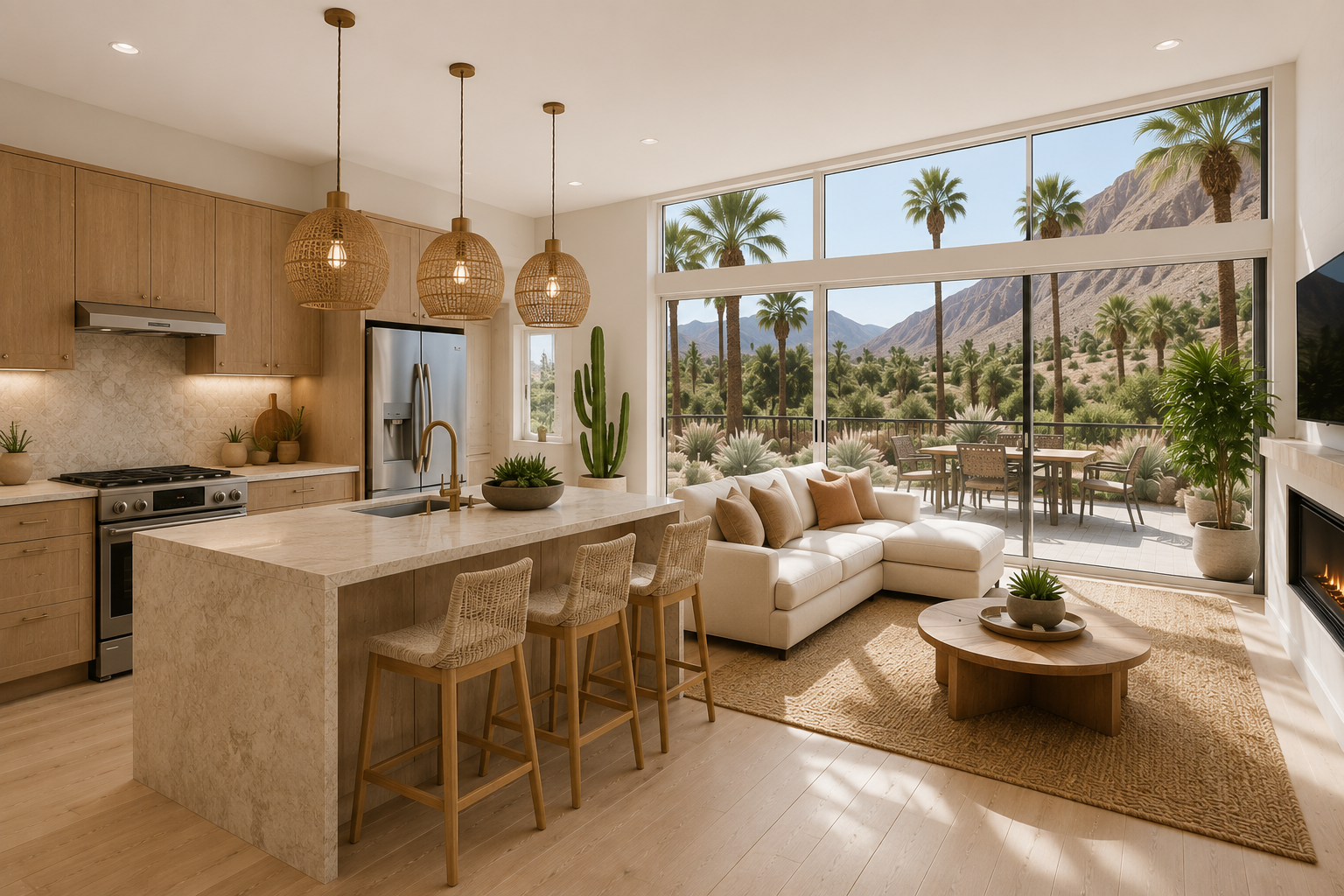 Desert kitchen biome. Warm oak, sculptural stone, and directional desert sun.