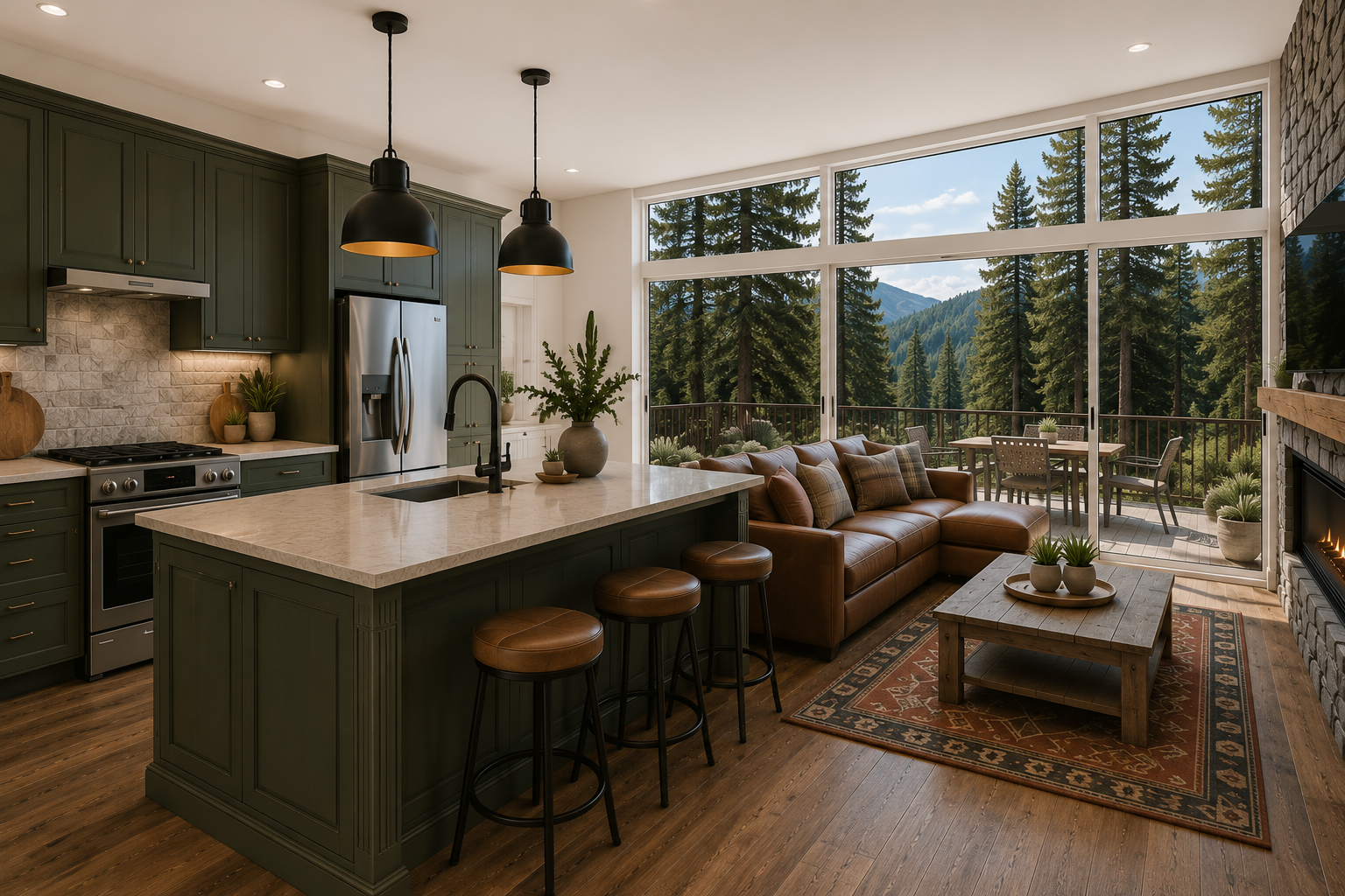 Forest kitchen biome. Deep green cabinetry, earthy stone, and filtered mountain light.