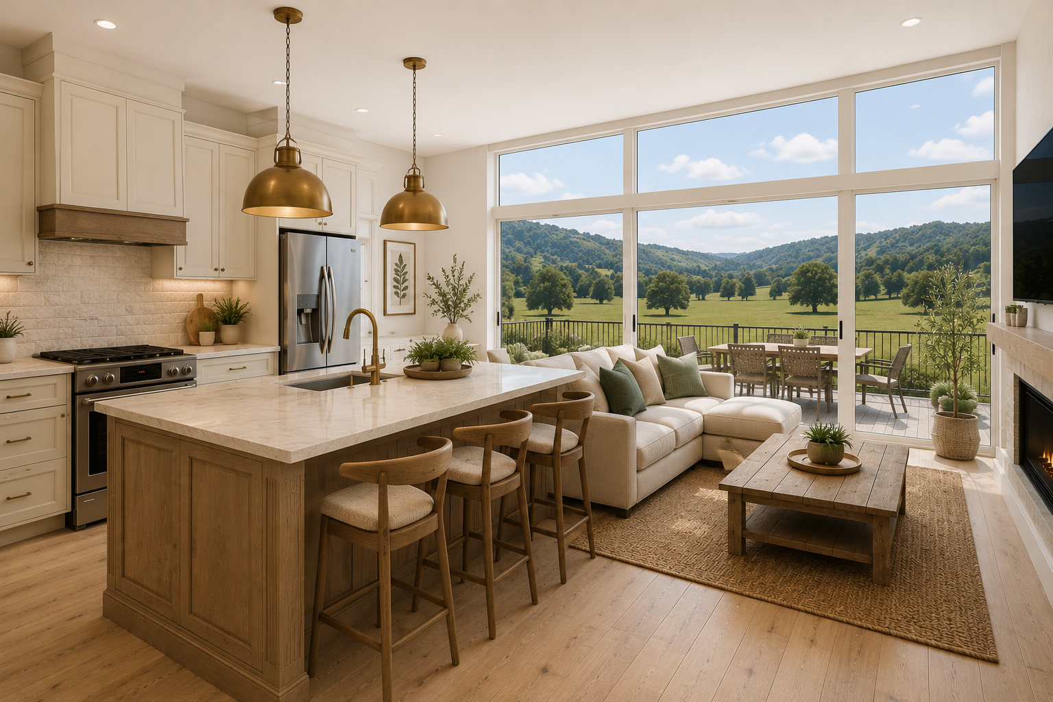 Grassland kitchen biome. Natural wood, soft greens, and an airy pastoral view.