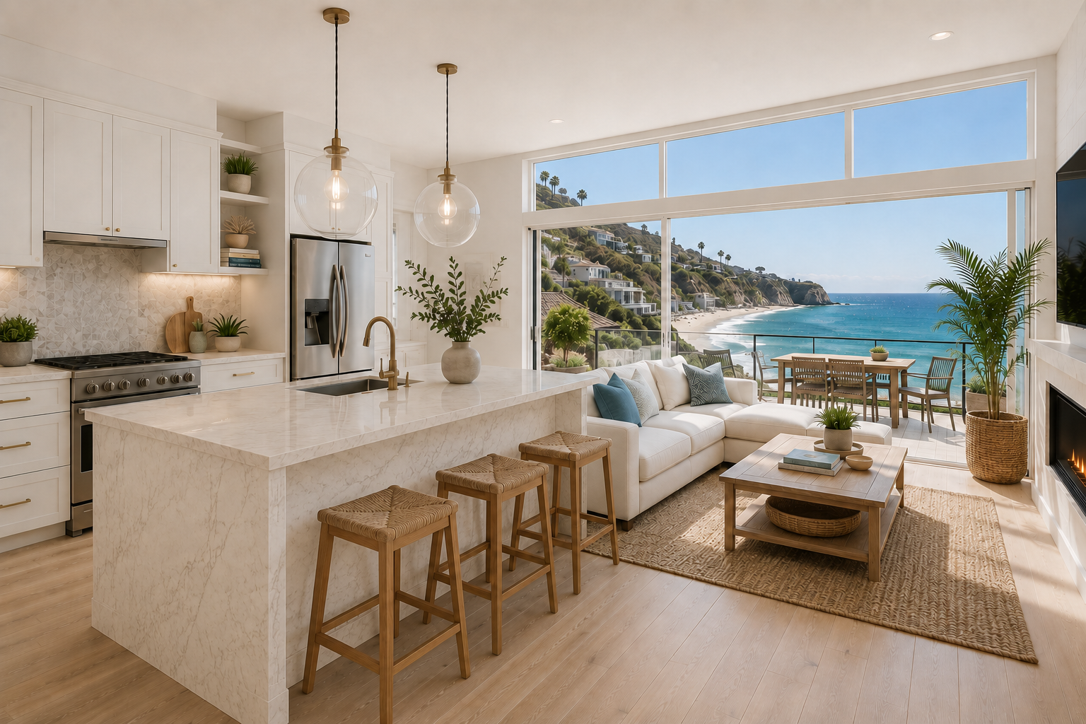 Ocean kitchen biome. Pale surfaces, reflected coastal light, and an open horizon.