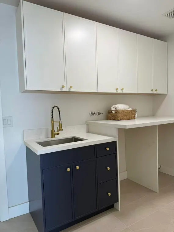 Completed kitchen or home project featuring Slim Simply White, Slim Night Blue