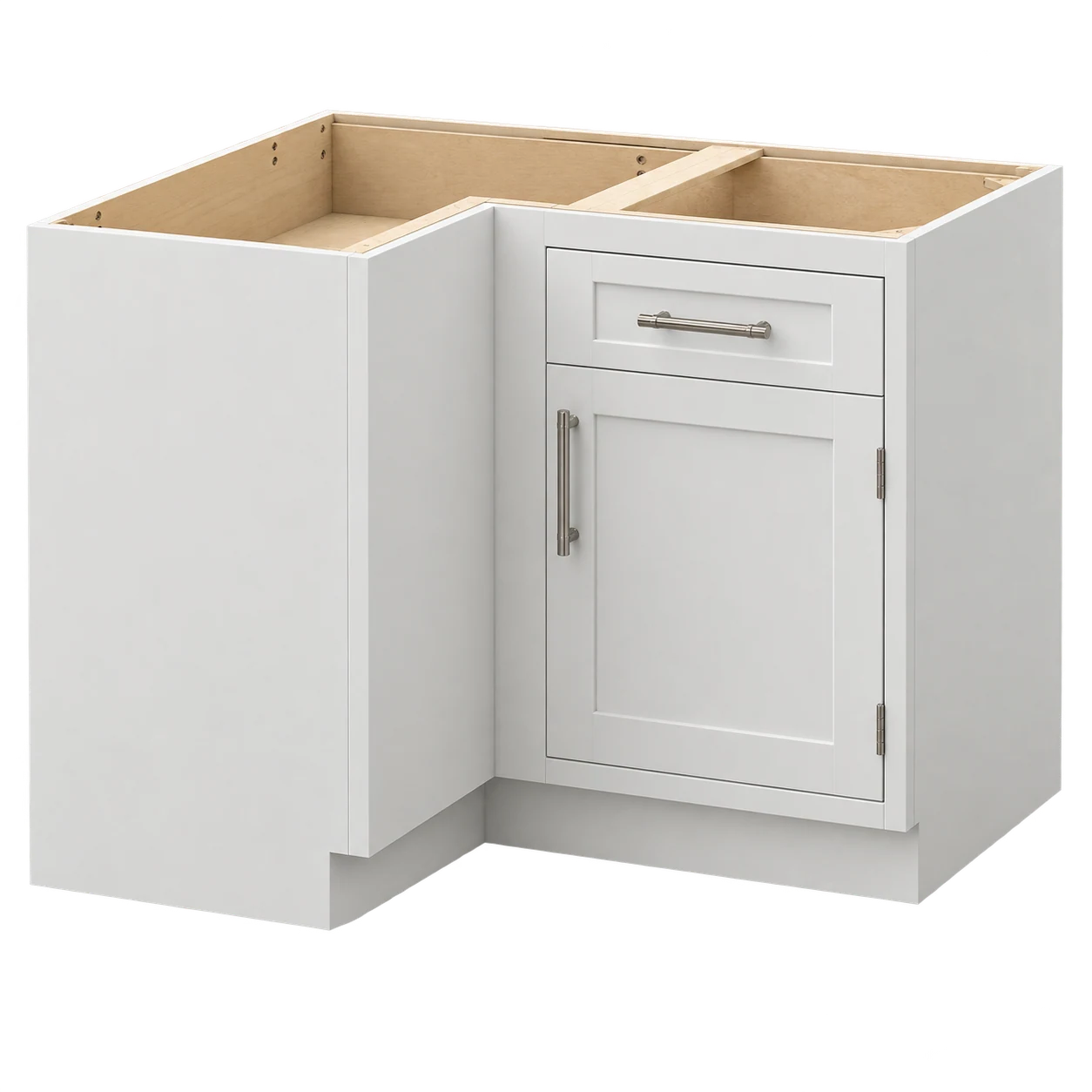 White Shaker corner base cabinet configuration